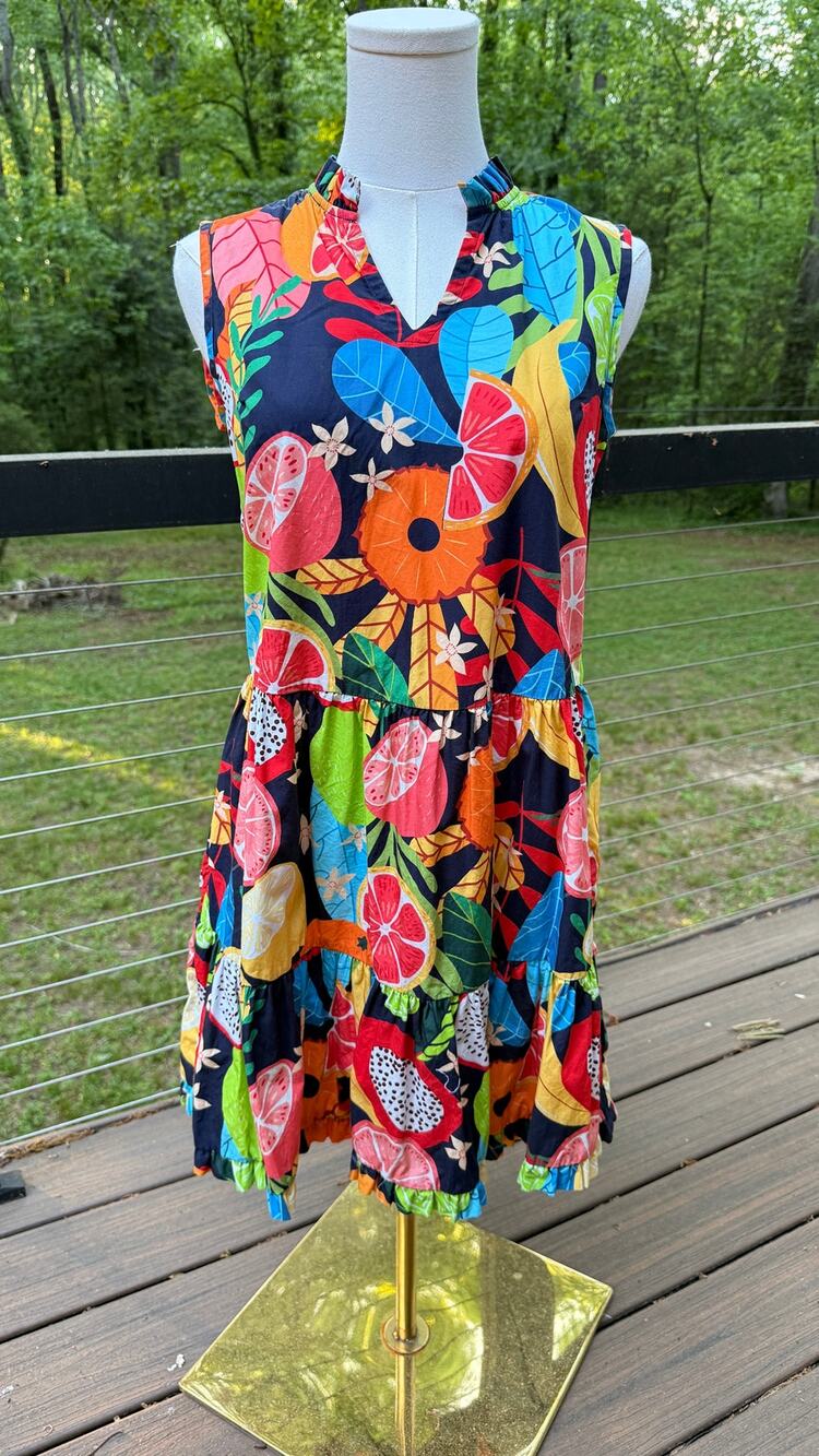 Maude Vivante Fruit Forest Zara A-line Dress Tiered Cotton Poplin XS Women’s
